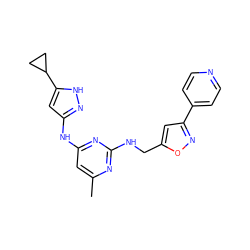 Cc1cc(Nc2cc(C3CC3)[nH]n2)nc(NCc2cc(-c3ccncc3)no2)n1 ZINC000140589866