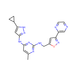 Cc1cc(Nc2cc(C3CC3)[nH]n2)nc(NCc2cc(-c3cnccn3)no2)n1 ZINC000140591150