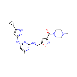 Cc1cc(Nc2cc(C3CC3)[nH]n2)nc(NCc2cc(C(=O)N3CCN(C)CC3)no2)n1 ZINC000203005991