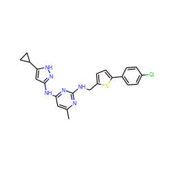 Cc1cc(Nc2cc(C3CC3)[nH]n2)nc(NCc2ccc(-c3ccc(Cl)cc3)s2)n1 ZINC000203005971