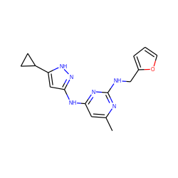 Cc1cc(Nc2cc(C3CC3)[nH]n2)nc(NCc2ccco2)n1 ZINC000203003170