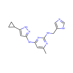 Cc1cc(Nc2cc(C3CC3)[nH]n2)nc(NCc2cnc[nH]2)n1 ZINC000203005933