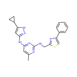 Cc1cc(Nc2cc(C3CC3)[nH]n2)nc(NCc2nc(-c3ccccc3)cs2)n1 ZINC000203004093