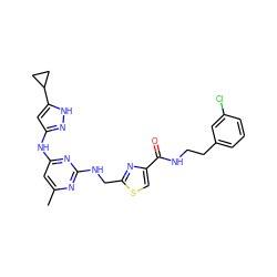 Cc1cc(Nc2cc(C3CC3)[nH]n2)nc(NCc2nc(C(=O)NCCc3cccc(Cl)c3)cs2)n1 ZINC000203003226