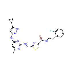 Cc1cc(Nc2cc(C3CC3)[nH]n2)nc(NCc2nc(C(=O)NCCc3ccccc3F)cs2)n1 ZINC000203008279