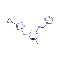 Cc1cc(Nc2cc(C3CC3)[nH]n2)nc(NCc2ncc[nH]2)n1 ZINC000203005595