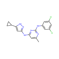 Cc1cc(Nc2cc(C3CC3)[nH]n2)nc(Nc2cc(Cl)cc(Cl)c2)n1 ZINC000203007929