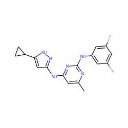 Cc1cc(Nc2cc(C3CC3)[nH]n2)nc(Nc2cc(F)cc(F)c2)n1 ZINC000203007482