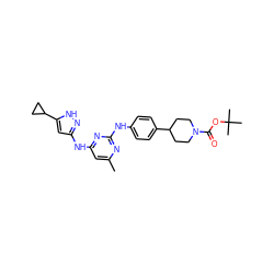 Cc1cc(Nc2cc(C3CC3)[nH]n2)nc(Nc2ccc(C3CCN(C(=O)OC(C)(C)C)CC3)cc2)n1 ZINC000203006216