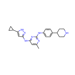 Cc1cc(Nc2cc(C3CC3)[nH]n2)nc(Nc2ccc(C3CCNCC3)cc2)n1 ZINC000203004109