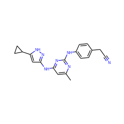 Cc1cc(Nc2cc(C3CC3)[nH]n2)nc(Nc2ccc(CC#N)cc2)n1 ZINC000064746727