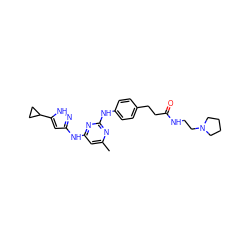 Cc1cc(Nc2cc(C3CC3)[nH]n2)nc(Nc2ccc(CCC(=O)NCCN3CCCC3)cc2)n1 ZINC000136764147