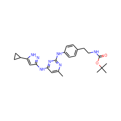 Cc1cc(Nc2cc(C3CC3)[nH]n2)nc(Nc2ccc(CCNC(=O)OC(C)(C)C)cc2)n1 ZINC000203007448