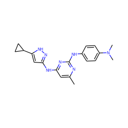 Cc1cc(Nc2cc(C3CC3)[nH]n2)nc(Nc2ccc(N(C)C)cc2)n1 ZINC000203005302