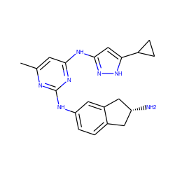 Cc1cc(Nc2cc(C3CC3)[nH]n2)nc(Nc2ccc3c(c2)C[C@H](N)C3)n1 ZINC000203008549