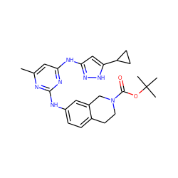 Cc1cc(Nc2cc(C3CC3)[nH]n2)nc(Nc2ccc3c(c2)CN(C(=O)OC(C)(C)C)CC3)n1 ZINC000203003992