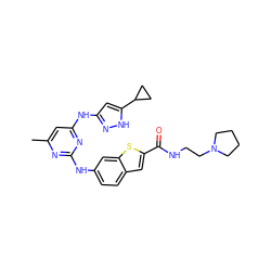 Cc1cc(Nc2cc(C3CC3)[nH]n2)nc(Nc2ccc3cc(C(=O)NCCN4CCCC4)sc3c2)n1 ZINC000203007848