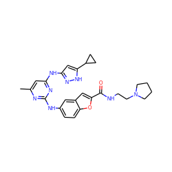 Cc1cc(Nc2cc(C3CC3)[nH]n2)nc(Nc2ccc3oc(C(=O)NCCN4CCCC4)cc3c2)n1 ZINC000203003575