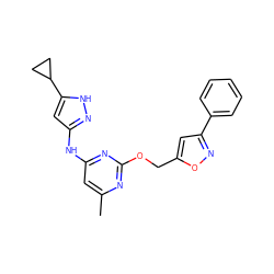 Cc1cc(Nc2cc(C3CC3)[nH]n2)nc(OCc2cc(-c3ccccc3)no2)n1 ZINC000117119362