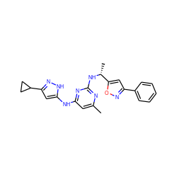 Cc1cc(Nc2cc(C3CC3)n[nH]2)nc(N[C@H](C)c2cc(-c3ccccc3)no2)n1 ZINC000139798272