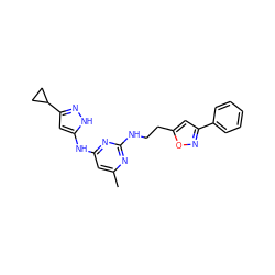 Cc1cc(Nc2cc(C3CC3)n[nH]2)nc(NCCc2cc(-c3ccccc3)no2)n1 ZINC000142021339