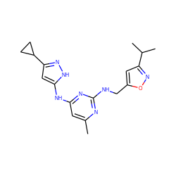 Cc1cc(Nc2cc(C3CC3)n[nH]2)nc(NCc2cc(C(C)C)no2)n1 ZINC000035876455