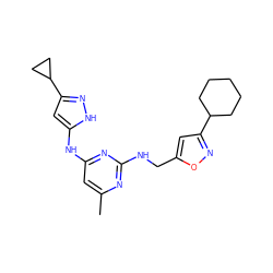 Cc1cc(Nc2cc(C3CC3)n[nH]2)nc(NCc2cc(C3CCCCC3)no2)n1 ZINC000035951002