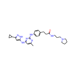 Cc1cc(Nc2cc(C3CC3)n[nH]2)nc(Nc2ccc(CCC(=O)NCCCN3CCCC3)cc2)n1 ZINC000035936371