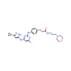 Cc1cc(Nc2cc(C3CC3)n[nH]2)nc(Nc2ccc(CCC(=O)NCCCN3CCOCC3)cc2)n1 ZINC000141470492