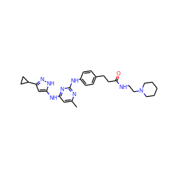 Cc1cc(Nc2cc(C3CC3)n[nH]2)nc(Nc2ccc(CCC(=O)NCCN3CCCCC3)cc2)n1 ZINC000034632001