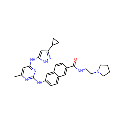 Cc1cc(Nc2cc(C3CC3)n[nH]2)nc(Nc2ccc3cc(C(=O)NCCN4CCCC4)ccc3c2)n1 ZINC000034632144