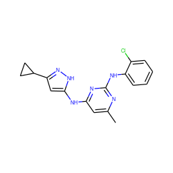 Cc1cc(Nc2cc(C3CC3)n[nH]2)nc(Nc2ccccc2Cl)n1 ZINC000038214425