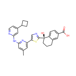 Cc1cc(Nc2cc(C3CCC3)ccn2)nc(-c2cnc([C@@]3(O)CCCc4cc(C(=O)O)ccc43)s2)c1 ZINC000142211232