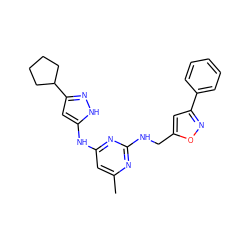 Cc1cc(Nc2cc(C3CCCC3)n[nH]2)nc(NCc2cc(-c3ccccc3)no2)n1 ZINC000034636216