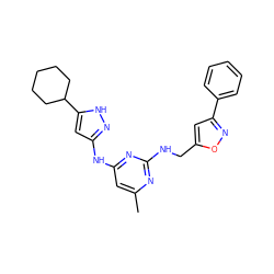 Cc1cc(Nc2cc(C3CCCCC3)[nH]n2)nc(NCc2cc(-c3ccccc3)no2)n1 ZINC000203008072