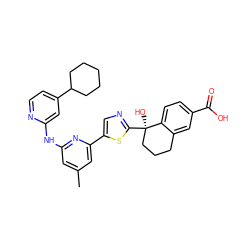 Cc1cc(Nc2cc(C3CCCCC3)ccn2)nc(-c2cnc([C@]3(O)CCCc4cc(C(=O)O)ccc43)s2)c1 ZINC000142502746