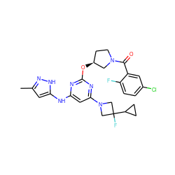 Cc1cc(Nc2cc(N3CC(F)(C4CC4)C3)nc(O[C@H]3CCN(C(=O)c4cc(Cl)ccc4F)C3)n2)[nH]n1 ZINC000043153387