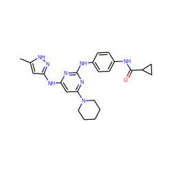 Cc1cc(Nc2cc(N3CCCCC3)nc(Nc3ccc(NC(=O)C4CC4)cc3)n2)n[nH]1 ZINC001772607417