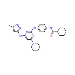 Cc1cc(Nc2cc(N3CCCCC3)nc(Nc3ccc(NC(=O)C4CCCCC4)cc3)n2)n[nH]1 ZINC001772612099