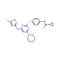 Cc1cc(Nc2cc(N3CCCCC3)nc(Sc3ccc(NC(=O)C4CC4)cc3)n2)n[nH]1 ZINC001772613125