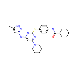 Cc1cc(Nc2cc(N3CCCCC3)nc(Sc3ccc(NC(=O)C4CCCCC4)cc3)n2)n[nH]1 ZINC001772613240