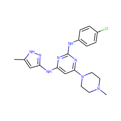 Cc1cc(Nc2cc(N3CCN(C)CC3)nc(Nc3ccc(Cl)cc3)n2)n[nH]1 ZINC000169312516