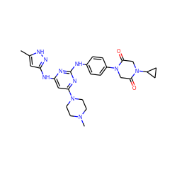 Cc1cc(Nc2cc(N3CCN(C)CC3)nc(Nc3ccc(N4CC(=O)N(C5CC5)CC4=O)cc3)n2)n[nH]1 ZINC000169312483