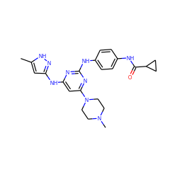 Cc1cc(Nc2cc(N3CCN(C)CC3)nc(Nc3ccc(NC(=O)C4CC4)cc3)n2)n[nH]1 ZINC001772637925