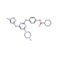 Cc1cc(Nc2cc(N3CCN(C)CC3)nc(Nc3ccc(NC(=O)C4CCCCC4)cc3)n2)n[nH]1 ZINC001772602804