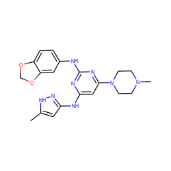 Cc1cc(Nc2cc(N3CCN(C)CC3)nc(Nc3ccc4c(c3)OCO4)n2)n[nH]1 ZINC000205786577