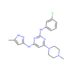 Cc1cc(Nc2cc(N3CCN(C)CC3)nc(Nc3cccc(Cl)c3)n2)n[nH]1 ZINC000169312513