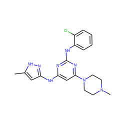 Cc1cc(Nc2cc(N3CCN(C)CC3)nc(Nc3ccccc3Cl)n2)n[nH]1 ZINC000169312511