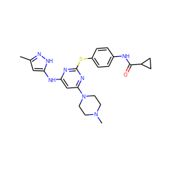 Cc1cc(Nc2cc(N3CCN(C)CC3)nc(Sc3ccc(NC(=O)C4CC4)cc3)n2)[nH]n1 ZINC000003820040