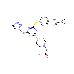 Cc1cc(Nc2cc(N3CCN(CC(=O)O)CC3)nc(Sc3ccc(NC(=O)C4CC4)cc3)n2)n[nH]1 ZINC000058604117